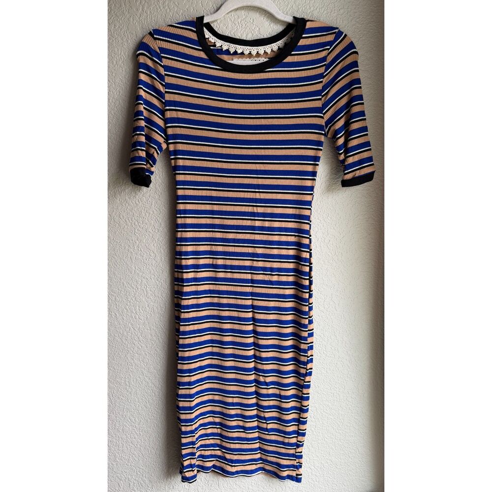 Haute Monde Blue Tan Striped Ribbed Midi Dress Medium Stretch Bodycon